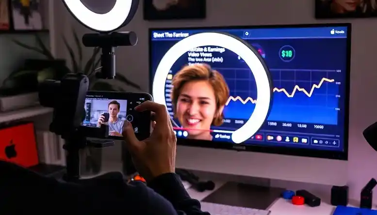 A YouTuber recording a video while monitoring video views and earnings on a screen in their home studio.