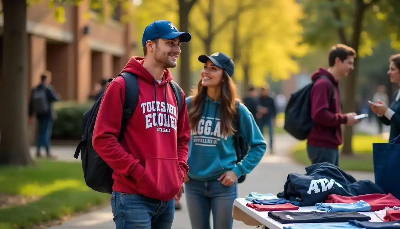 Students wearing custom college apparel on campus