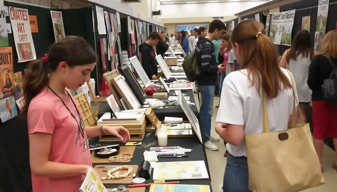 Students selling handmade crafts at a college event 