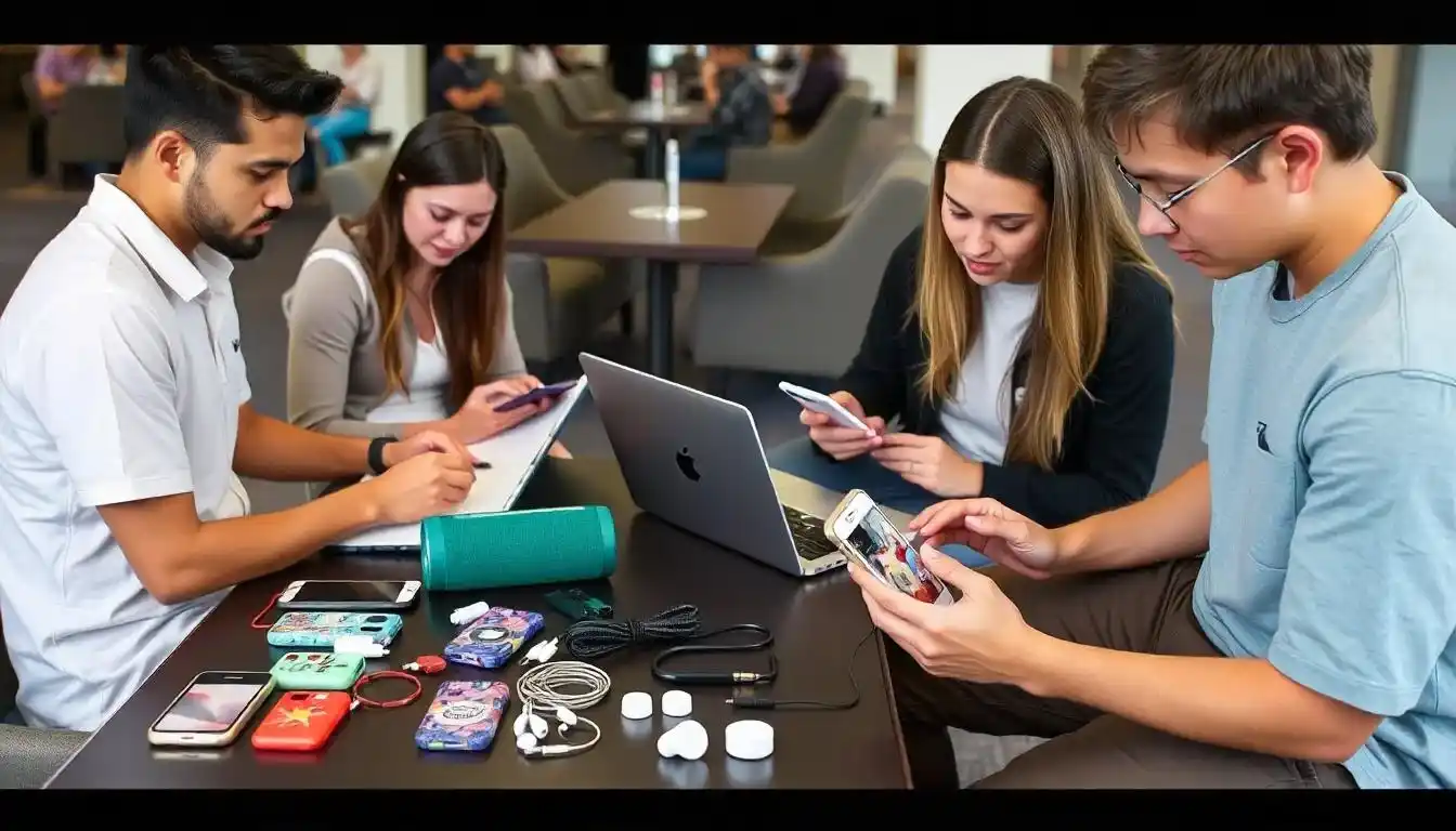 College students using tech accessories on campus