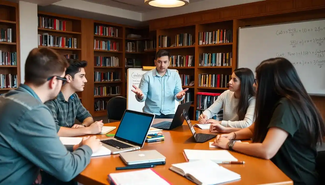 Student tutor helping classmates with a study session