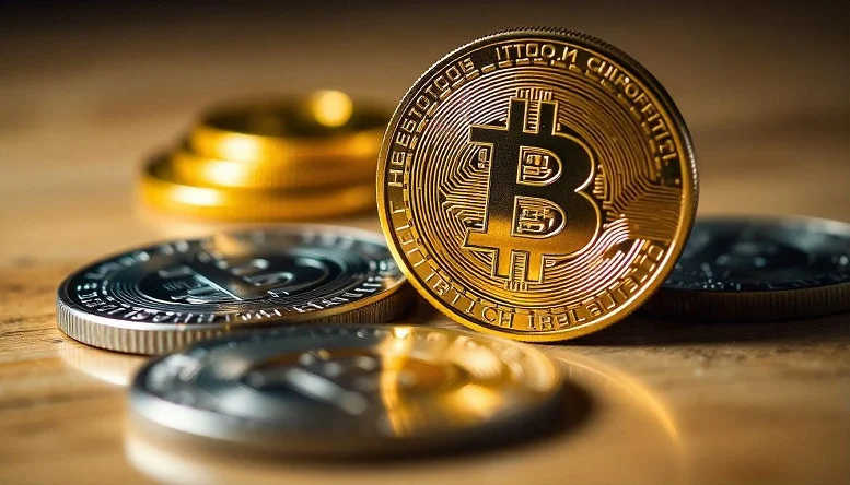 Close-up view of Bitcoin coins representing cryptocurrency investments and predictions