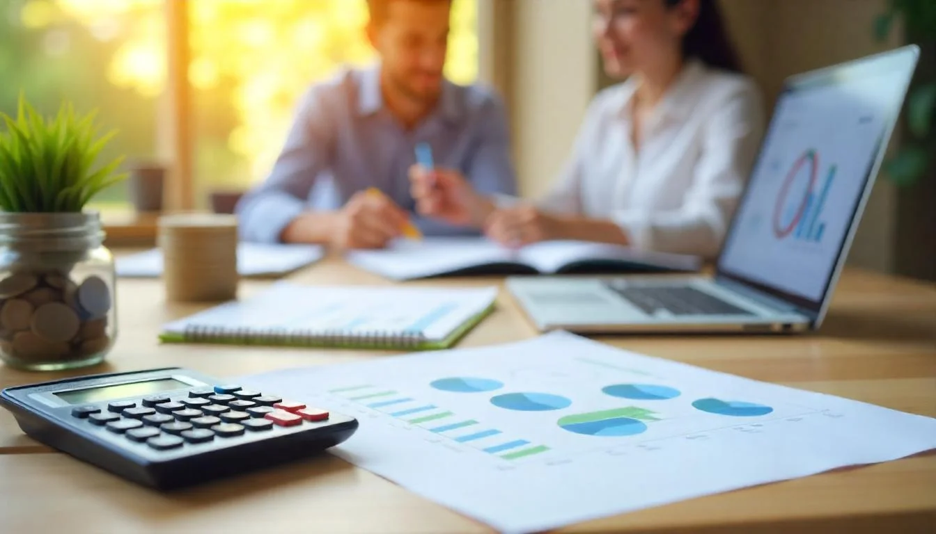 Personal finance planning with a calculator, budget charts, and a couple discussing financial goals at a desk.