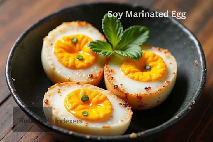 Soy Marinated Egg cut in half, revealing jammy yolk and flavor-infused white.