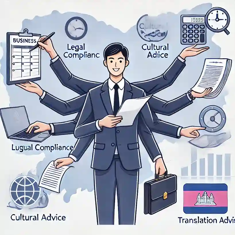 Business assistant multitasking with various tasks like scheduling, legal compliance, and cultural advice in Cambodia.
