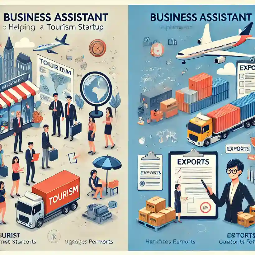 Case study illustration showing business assistant services helping tourism and logistics companies in Cambodia.
