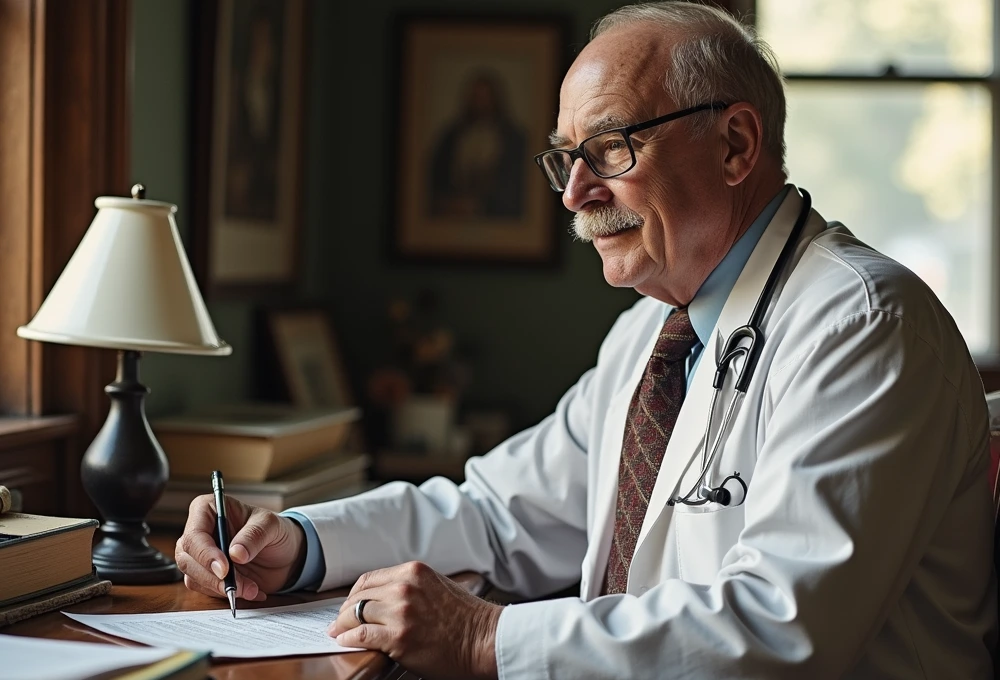 Dr. South Warrior Al Brobst providing rural primary care south warrior al brobst to a patient in his clinic.