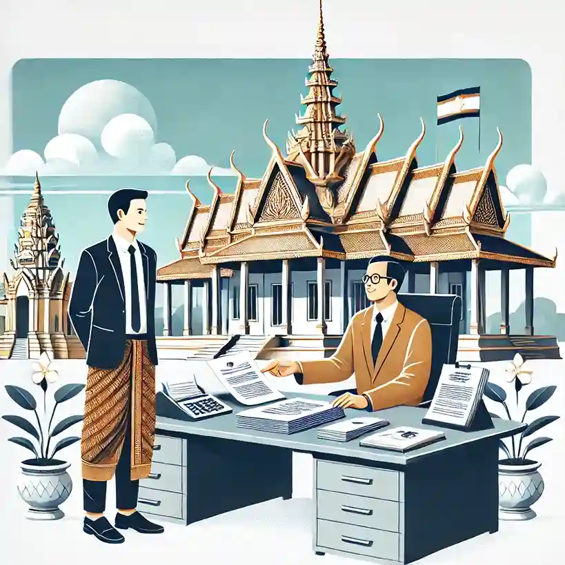 Business meeting at an office with a Cambodian cultural background, showing support for starting a business.
