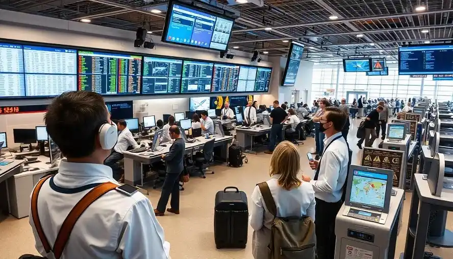 Airport gurus managing operations in a control room with flight information monitors and communication systems.