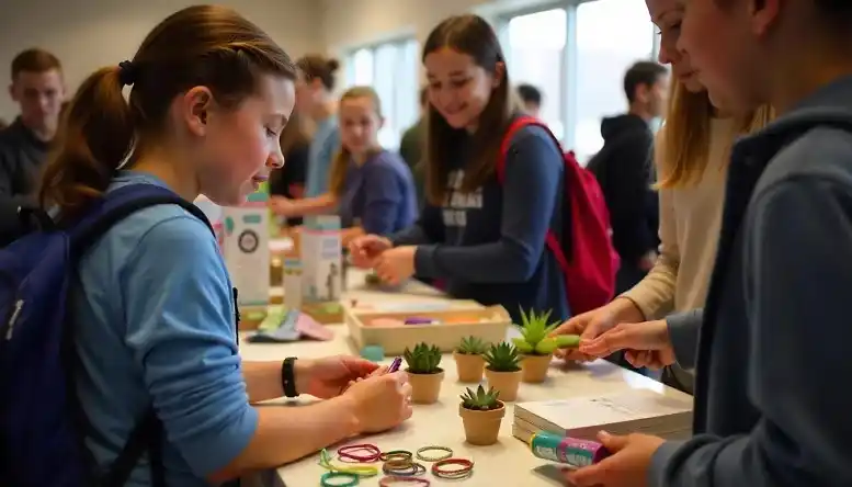 Students selling handmade craft items at a school event 