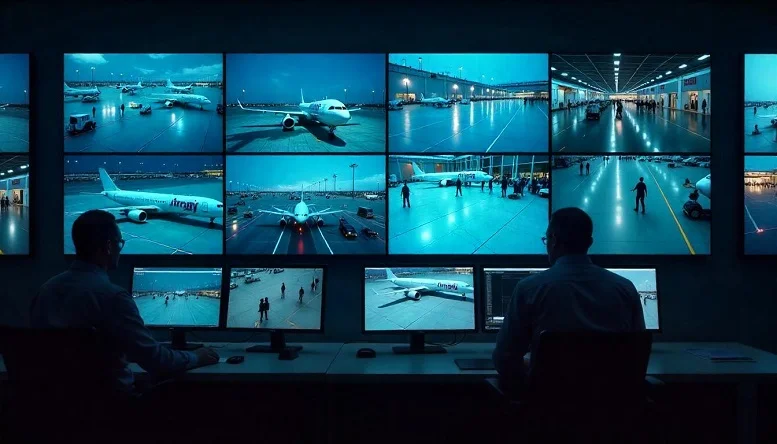 Airport gurus monitoring AI-powered security systems with multiple screens displaying real-time footage from the airport terminal.

