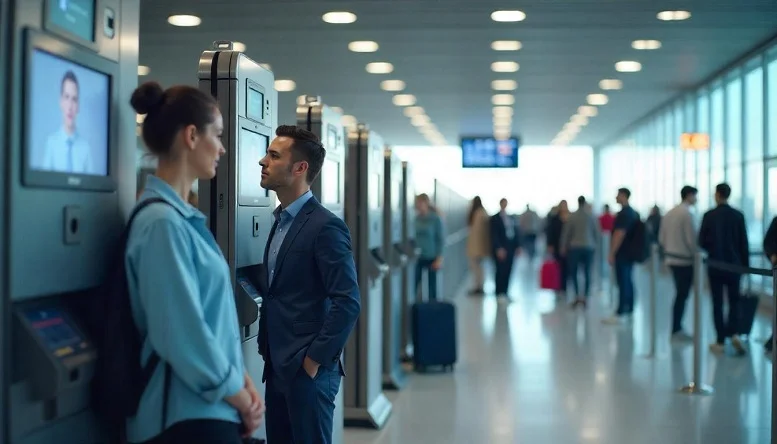 Travelers using biometric check-in kiosks with airport gurus improving passenger flow and reducing wait times through technology.

