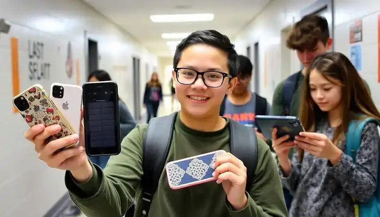 Students showing custom tech accessories at school 