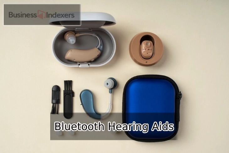 Bluetooth hearing aids connected to smartphone with companion app showing controls