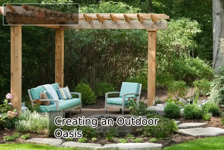 Cozy creating an outdoor oasis with lush greenery, stylish seating, and warm ambient lighting.